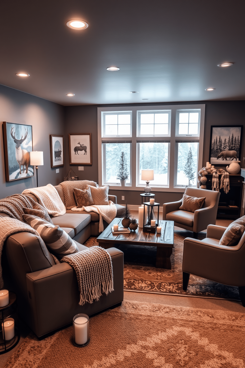 A cozy winter basement retreat featuring a plush sectional sofa adorned with soft, textured throw blankets. The walls are painted in a warm gray tone, and large windows allow natural light to filter in, complemented by strategically placed soft lighting to create a welcoming glow. In one corner, a rustic wooden coffee table is surrounded by comfortable armchairs, while a stylish area rug adds warmth to the floor. Decorative elements include a mix of winter-themed artwork and a collection of candles that enhance the inviting atmosphere.