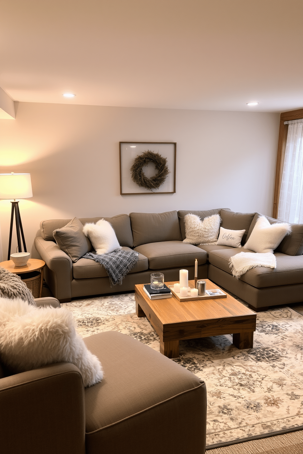 A cozy winter basement retreat featuring soft, muted colors to create a relaxing atmosphere. The space includes a plush sectional sofa adorned with fluffy throw pillows, a large area rug in gentle tones, and warm lighting from stylish floor lamps. The walls are painted in a light gray hue, complemented by wooden accents and soft textures throughout. A coffee table made of reclaimed wood sits in front of the sofa, surrounded by decorative elements like candles and books to enhance the inviting ambiance.