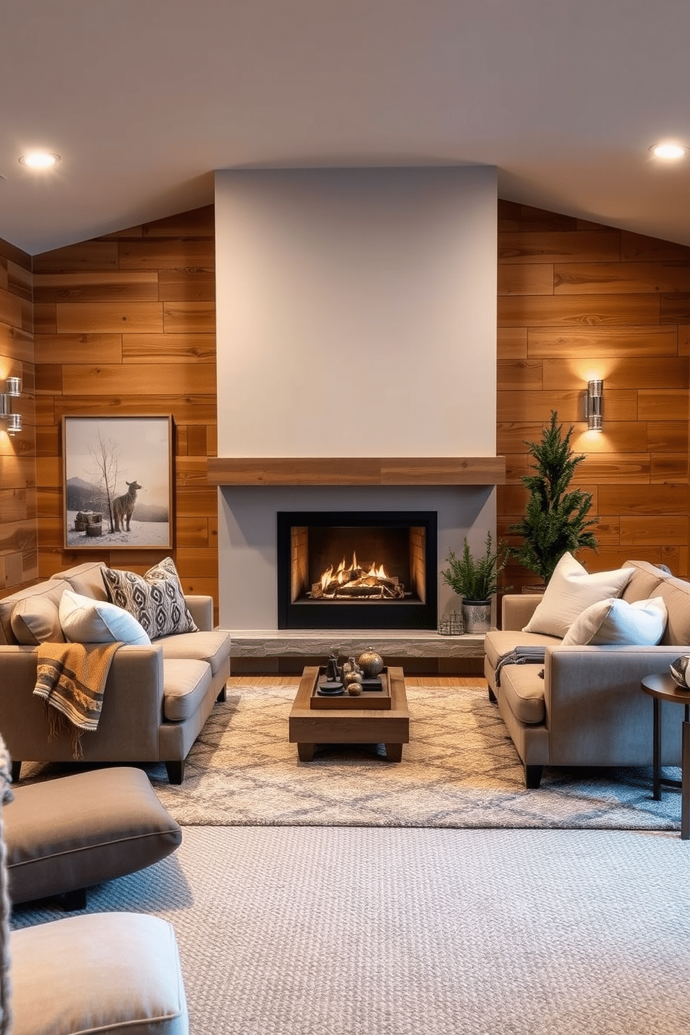 A cozy winter basement retreat featuring a modern fireplace that serves as the focal point of the room. The walls are adorned with warm wood paneling, and plush seating is arranged around the fireplace, creating an inviting atmosphere. Soft, layered textiles in neutral tones are used for the furniture, complemented by a large, textured area rug underfoot. Ambient lighting fixtures cast a warm glow, while decorative elements like winter-themed artwork and potted evergreen plants enhance the seasonal decor.