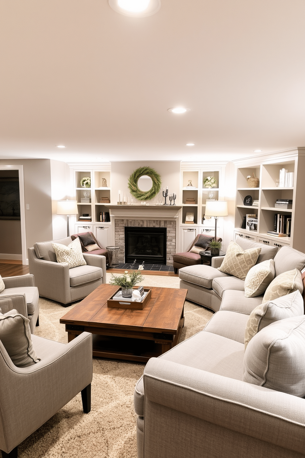 A cozy winter basement retreat featuring a neutral color palette that promotes calmness. Soft beige walls create a warm backdrop, while plush gray furnishings invite relaxation and comfort. The space includes a large sectional sofa adorned with cream and taupe throw pillows. A rustic wooden coffee table sits at the center, surrounded by a few stylish accent chairs in muted tones. In one corner, a decorative fireplace adds warmth and ambiance, framed by built-in shelves showcasing books and winter decor. Soft lighting from floor lamps enhances the inviting atmosphere, creating a perfect spot for cozy gatherings.