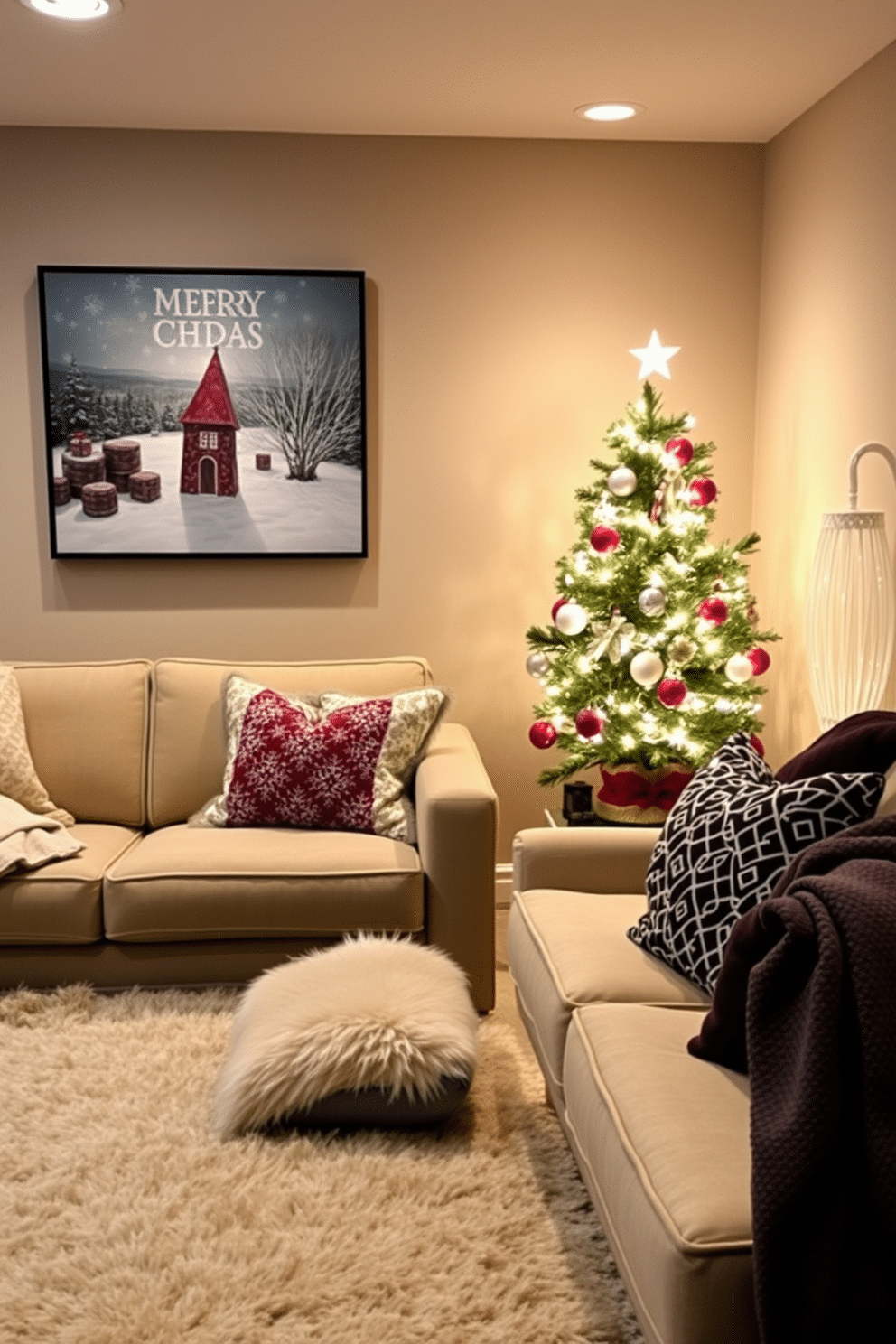 Create a cozy winter basement retreat that features warm lighting and comfortable seating. Incorporate festive artwork that reflects the holiday spirit, including cheerful winter scenes and vibrant colors. Use plush throws and decorative pillows to enhance the inviting atmosphere. Add a small, elegant tree adorned with twinkling lights to bring a touch of seasonal cheer to the space.