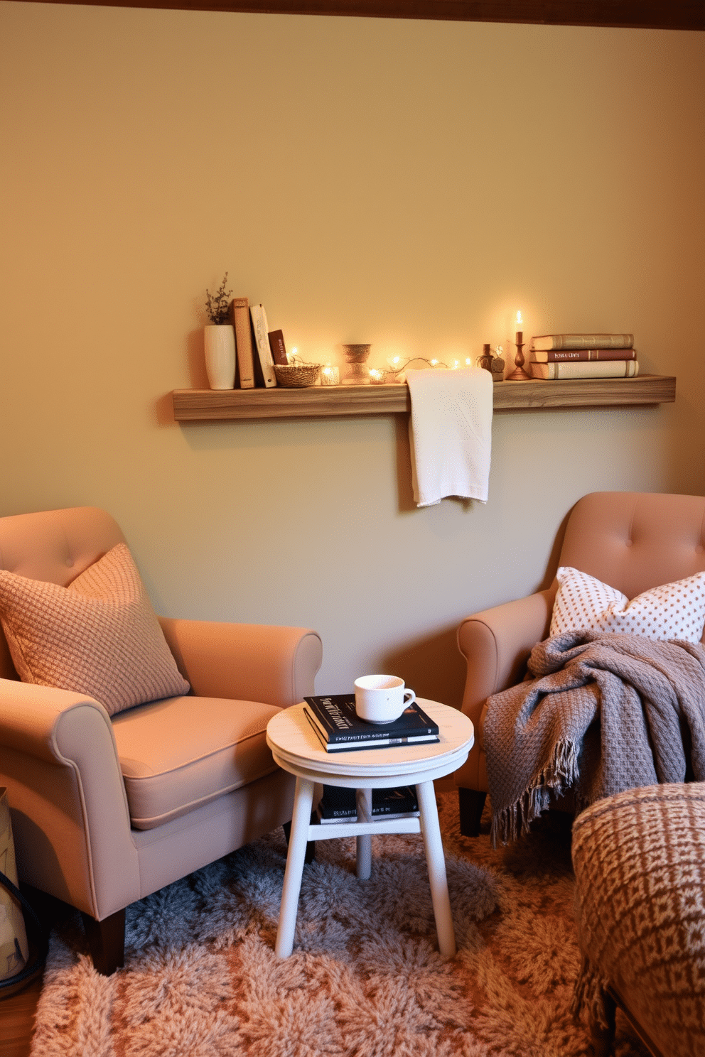 Create a cozy reading nook featuring two plush armchairs upholstered in soft fabric. A small round side table sits between the chairs, topped with a stack of books and a warm cup of tea. In a winter basement, decorate with warm lighting and soft throws to create a welcoming atmosphere. Incorporate a mix of rustic wooden elements and plush textiles to enhance comfort and style.