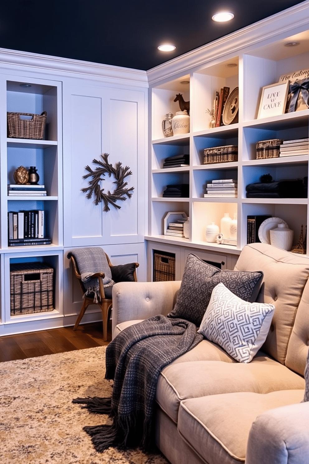 Create a cozy winter basement retreat featuring built-in shelves that blend seamlessly with the walls. The shelves are adorned with decorative baskets, books, and winter-themed decor, enhancing both storage and style. Incorporate a plush seating area with a soft, oversized sofa and layered throw blankets. A warm color palette of deep blues and grays complements the winter atmosphere, while soft lighting creates an inviting ambiance.