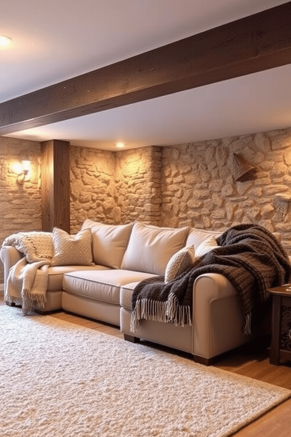 A cozy winter basement retreat. The space features a plush sectional sofa adorned with soft throw blankets in various textures and colors, inviting relaxation. Warm ambient lighting creates a welcoming atmosphere, highlighting the rustic wooden beams and stone walls. A large area rug anchors the seating area, adding warmth and comfort underfoot.