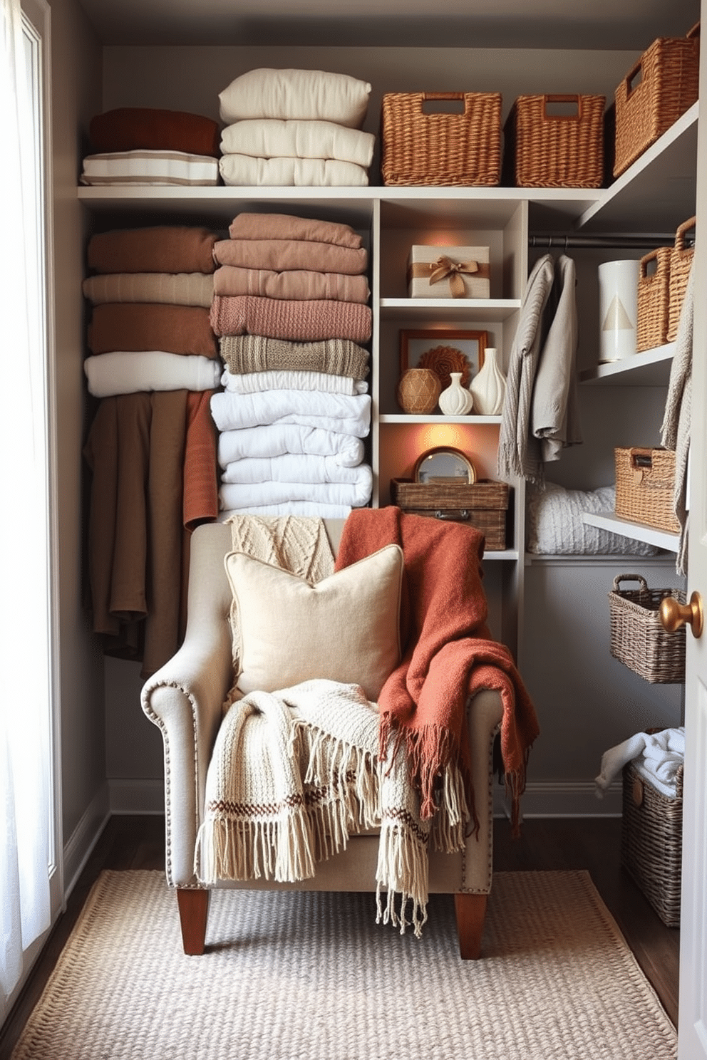 Cozy blankets in earthy tones are draped over a plush armchair positioned near a window. The closet features open shelving displaying neatly folded blankets and a selection of seasonal decor items. Winter closet decorating ideas include adding warm lighting and decorative baskets for storage. A soft area rug in natural fibers enhances the inviting atmosphere of the space.