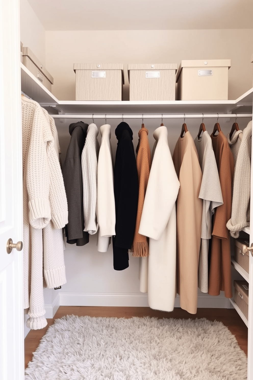 A serene winter closet filled with soft textures and a neutral color palette. The walls are painted in a light beige, and the shelves are adorned with cozy knit sweaters in shades of cream and taupe. A plush area rug in a light gray adds warmth underfoot, while elegant wooden hangers display a curated collection of winter coats. Decorative storage boxes in muted tones are neatly arranged on the shelves, providing organization and style.