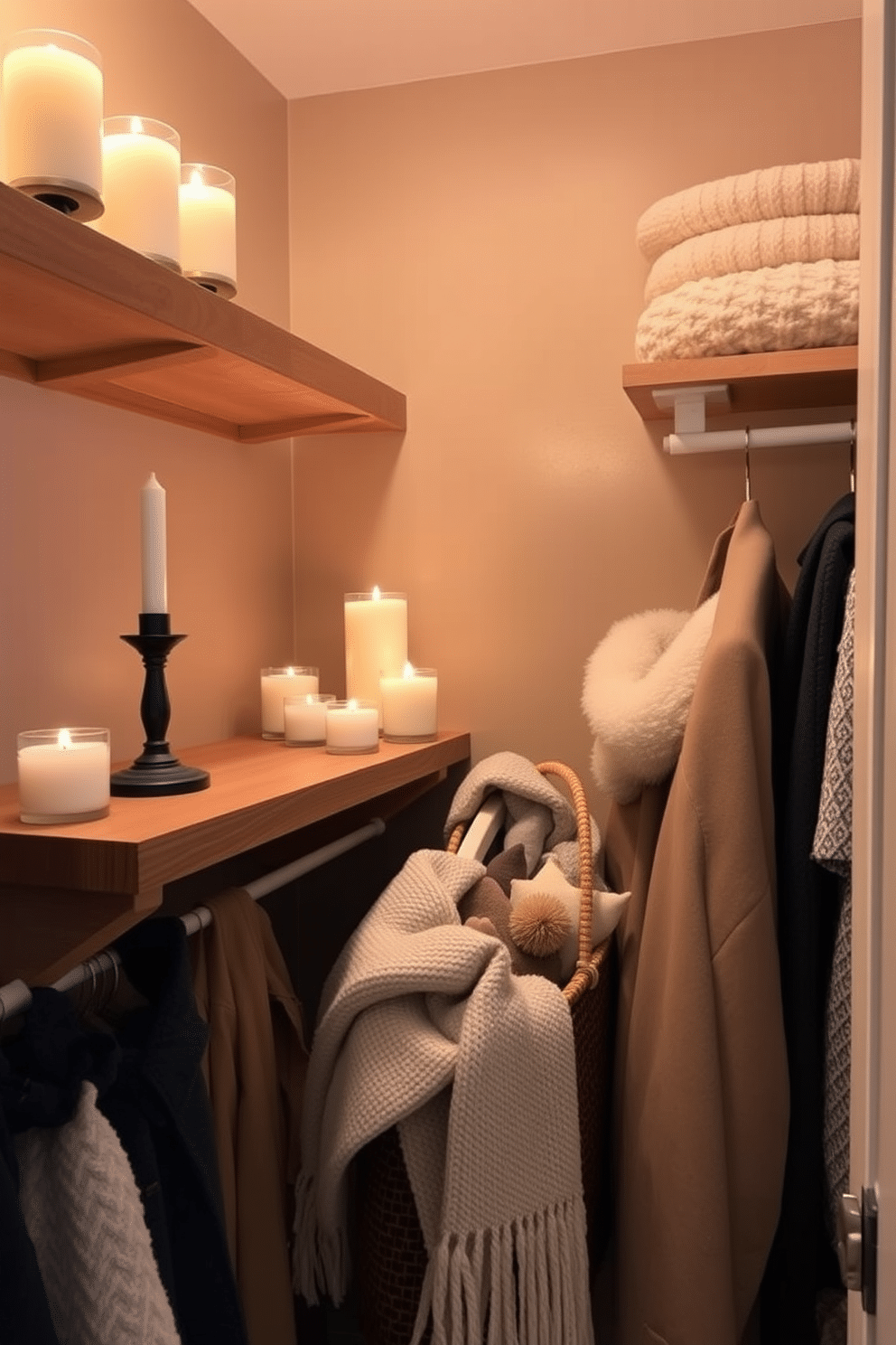 A cozy winter closet decorated with warm scented candles placed on a wooden shelf. The closet features soft white lighting and plush throws draped over the hangers, creating an inviting and serene space. The walls are painted in a soft taupe color, enhancing the warmth of the candles. A decorative basket filled with seasonal scarves and mittens adds a touch of charm and functionality.