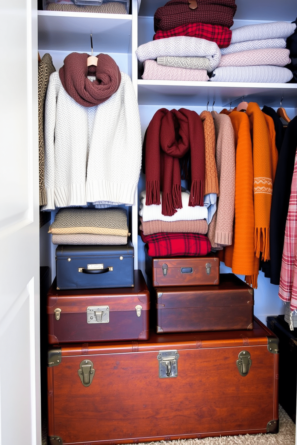 A cozy winter closet featuring vintage trunks used as stylish storage solutions. The trunks are arranged neatly at the bottom, showcasing their rich wood tones and brass accents, while the shelves above are filled with neatly folded sweaters and scarves in warm, inviting colors.