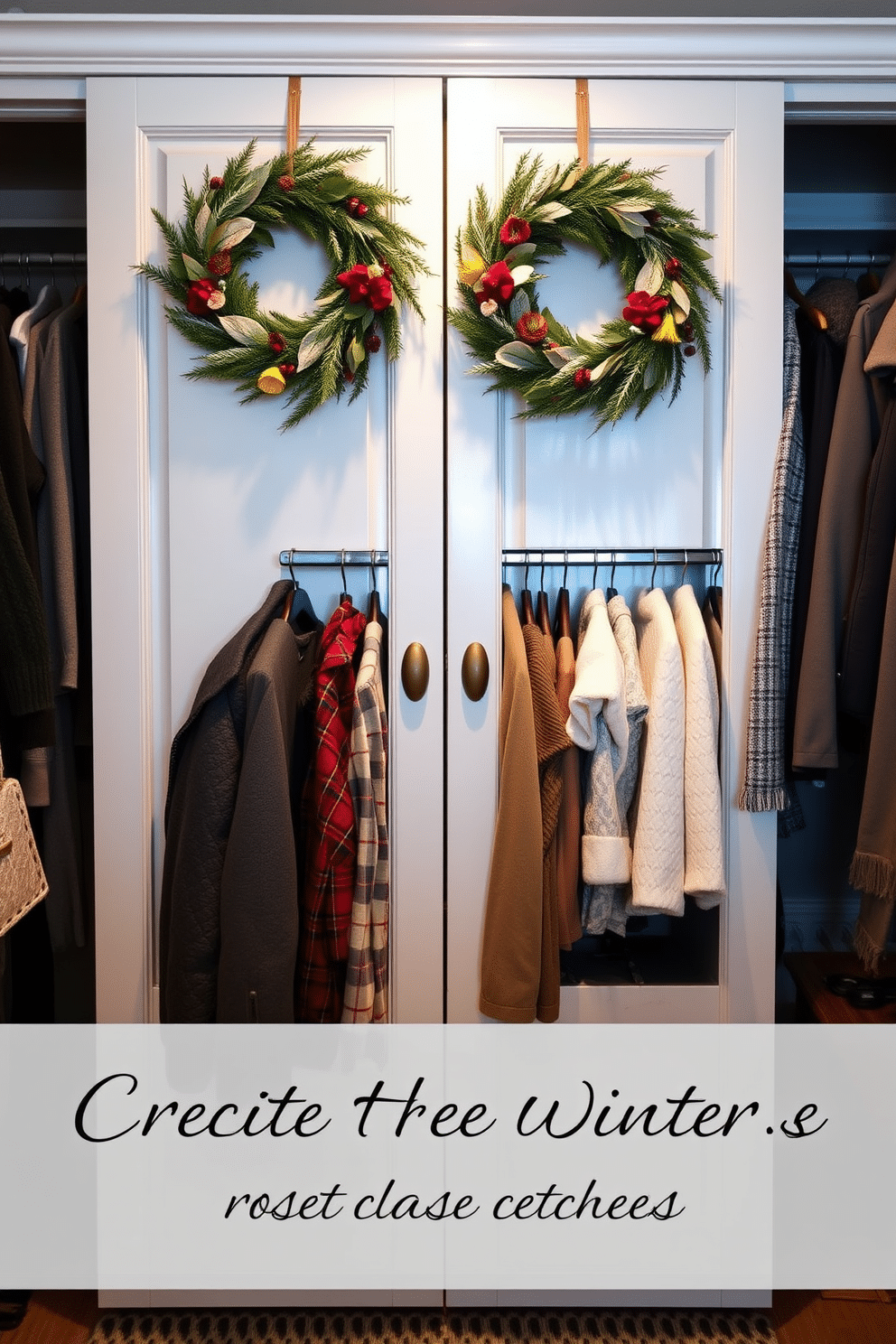 Create a cozy winter closet setting featuring seasonal wreaths elegantly hung on the closet doors. The closet is filled with neatly organized winter clothing, showcasing rich textures and warm colors that evoke a sense of comfort and style.