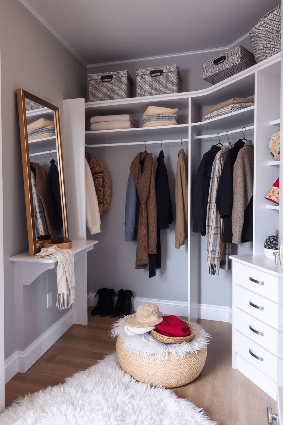 A stylish winter closet featuring an organized layout with ample shelving and hanging space. The walls are painted in a soft gray hue, and the floor is covered with a plush white rug to add warmth. Mirrors are strategically placed to reflect natural light, enhancing the sense of openness. Decorative elements include seasonal accessories like cozy scarves and hats arranged neatly on display.