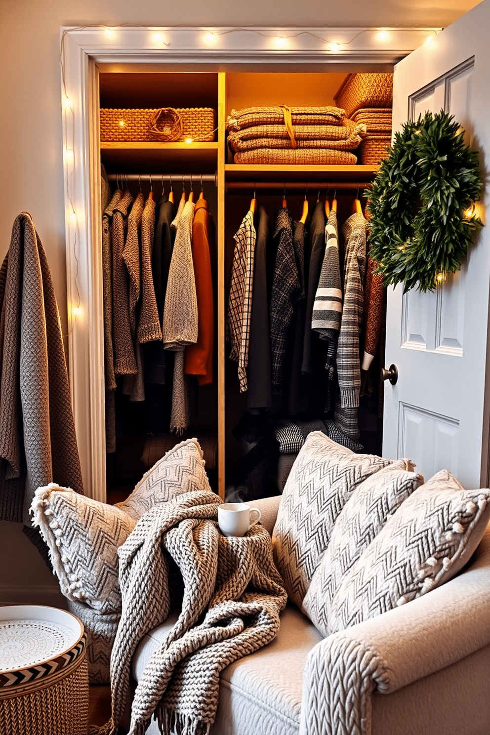 Cushioned seating for a cozy nook. The nook features a plush, oversized armchair paired with a soft, textured throw blanket and a small side table adorned with a steaming cup of tea. Winter closet decorating ideas. The closet is organized with seasonal clothing displayed on wooden shelves, accented by twinkling fairy lights and a fragrant pine wreath hanging on the door.