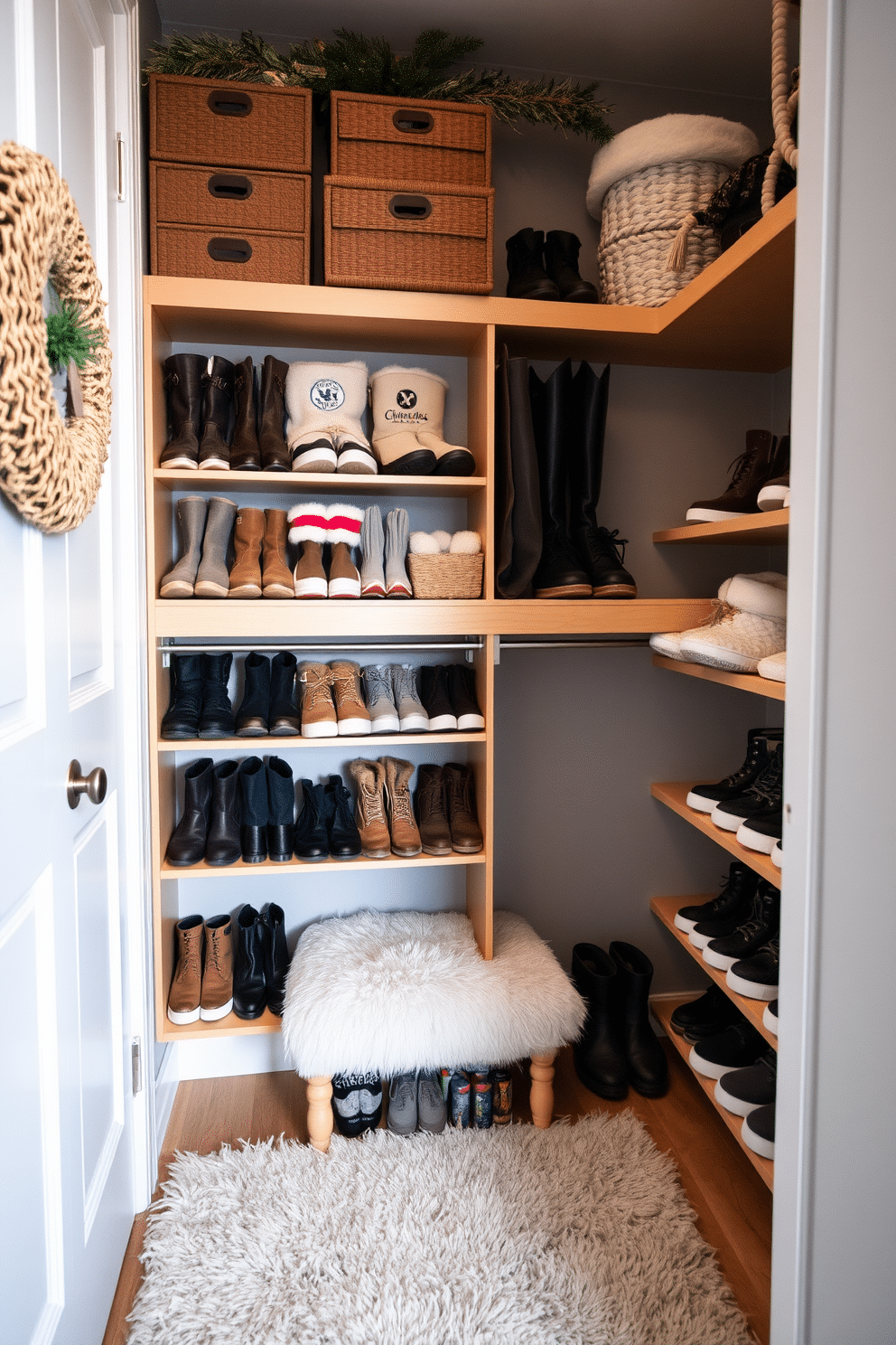 A stylish winter closet featuring organized shoe racks filled with various winter footwear such as boots and sneakers. The racks are made of natural wood, complementing the soft gray walls and cozy ambiance of the space. The closet includes decorative elements like a plush rug and a small bench for easy shoe changes. Soft lighting highlights the neatly arranged shoes while seasonal decor adds a touch of warmth and personality.