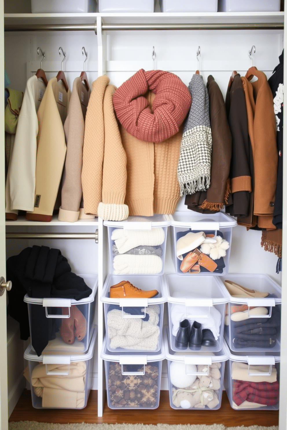 A winter closet decorated with clear bins for visibility and ease. The bins are neatly organized on shelves, showcasing seasonal clothing and accessories in a harmonious color palette.