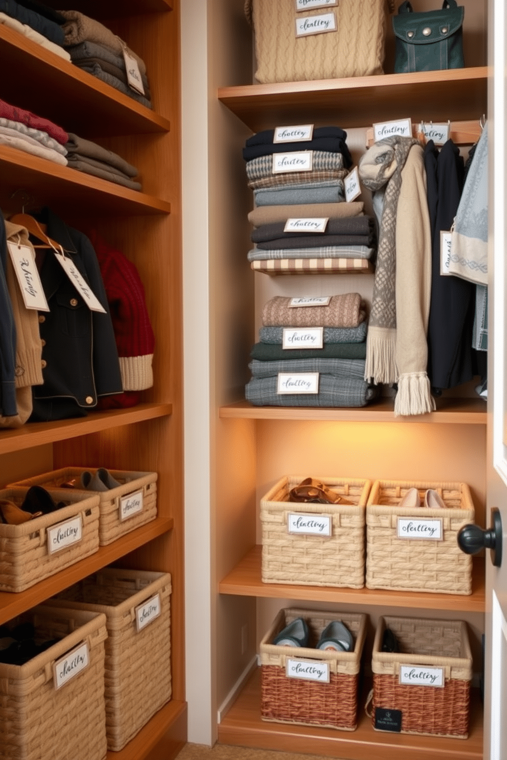 Create a cozy winter closet that features decorative labels for easy identification of seasonal items. The closet is organized with wooden shelves displaying neatly folded sweaters and scarves, each labeled with elegant, handwritten tags. Incorporate a warm color palette with soft lighting to enhance the inviting atmosphere. Add decorative storage bins and baskets, each adorned with matching labels, to keep accessories and shoes neatly stored away.