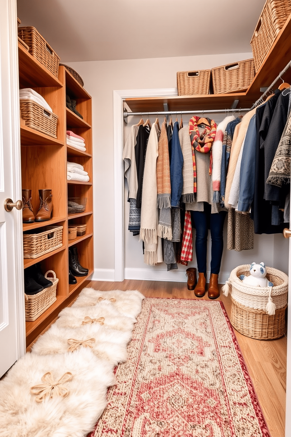 A cozy winter closet featuring layered rugs that add warmth and texture to the space. The rugs are in soft neutral tones, creating a welcoming atmosphere while providing a comfortable underfoot experience. The closet is organized with stylish storage solutions, including wooden shelves and woven baskets. Seasonal clothing is neatly displayed, with pops of color from winter accessories adding a cheerful touch.