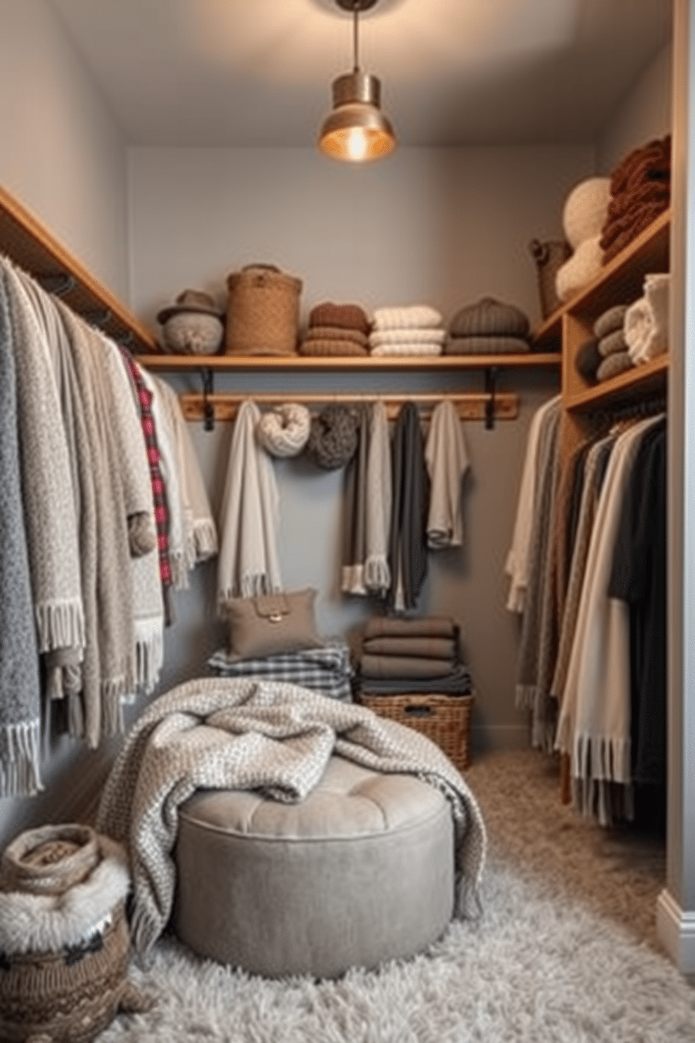 A cozy winter closet filled with layered textures to create warmth and comfort. Soft woolen blankets are draped over a plush ottoman, while a variety of scarves and hats are neatly arranged on wooden shelves. The walls are painted in a soft gray, enhancing the inviting atmosphere. A warm, ambient light fixture hangs from the ceiling, casting a gentle glow over the space.