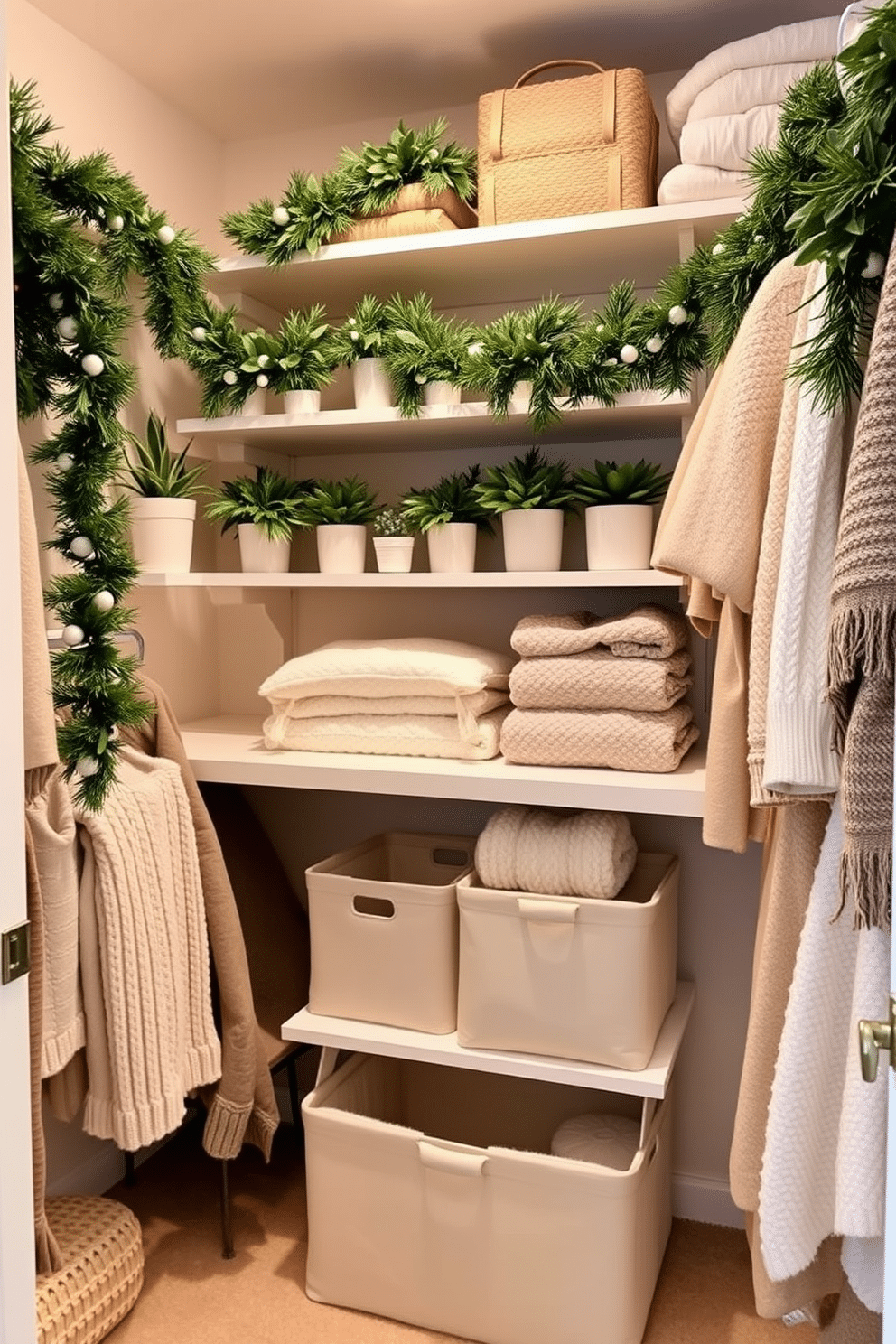 A cozy winter closet filled with faux greenery accents. The shelves are adorned with potted plants and garlands, bringing a vibrant touch to the space. Soft, neutral tones dominate the closet design, complemented by warm lighting. Cozy textiles, such as chunky knit blankets and plush storage bins, add comfort and style.