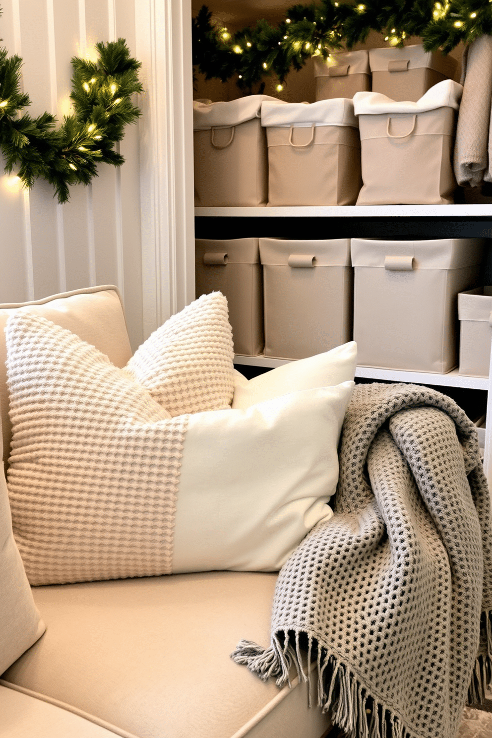 Textured pillows in various shades of cream and soft gray are artfully arranged on a plush sofa, creating an inviting atmosphere. A cozy throw blanket is draped over the armrest, enhancing the warmth of the space. The winter closet is adorned with seasonal decorations, featuring garlands of pine and twinkling fairy lights. Stylish storage bins in neutral tones are neatly organized, providing both functionality and aesthetic appeal.