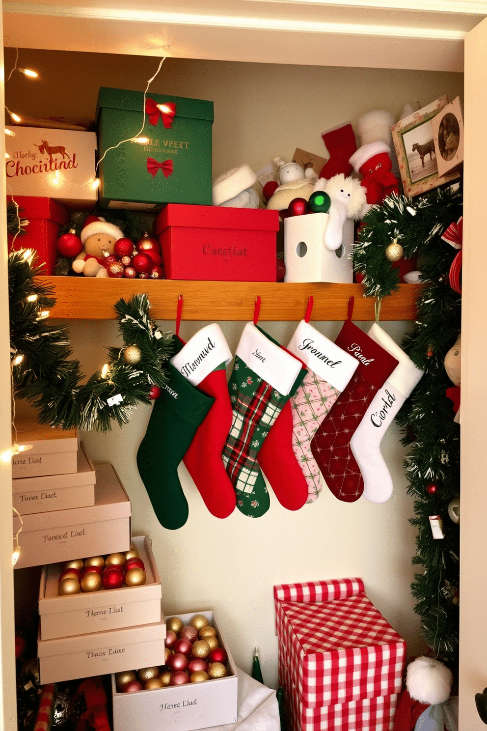 A cozy winter closet filled with charming holiday decorations. Soft string lights are draped over neatly arranged boxes of ornaments and festive garlands. A collection of colorful stockings hangs from a wooden shelf, each one personalized with a family member's name. The closet walls are painted a warm cream, enhancing the inviting atmosphere of the holiday season.