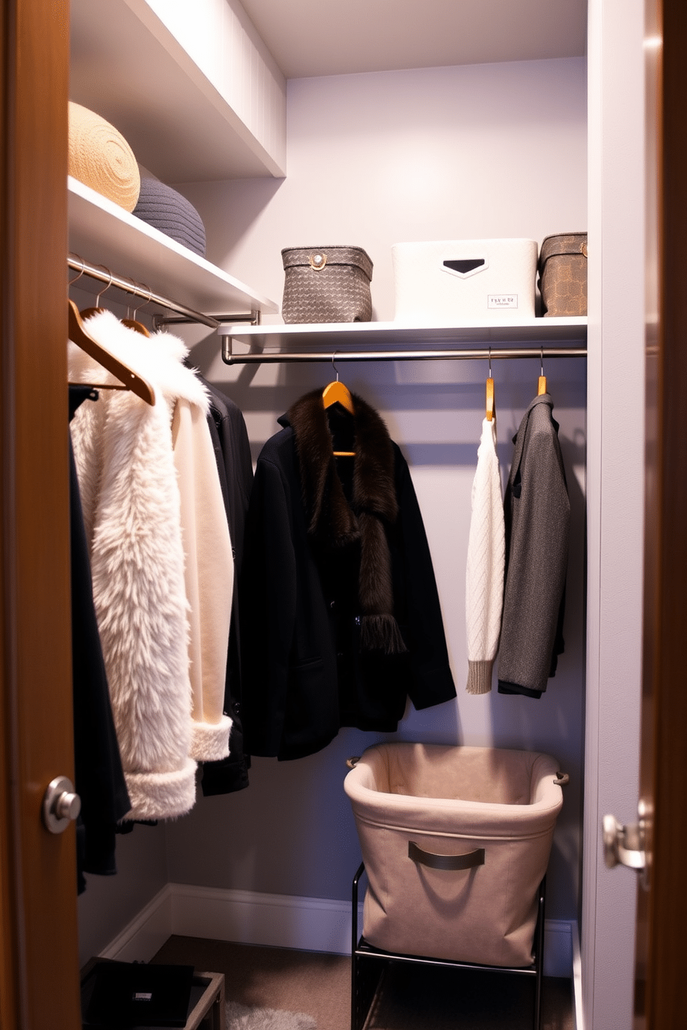 Create a winter closet that exudes elegance and style. Incorporate stylish hangers made of rich wood and sleek metal to showcase your garments beautifully. Add plush storage bins in soft fabrics to hold accessories and seasonal items. Use a muted color palette for the walls to create a serene backdrop for your winter wardrobe.