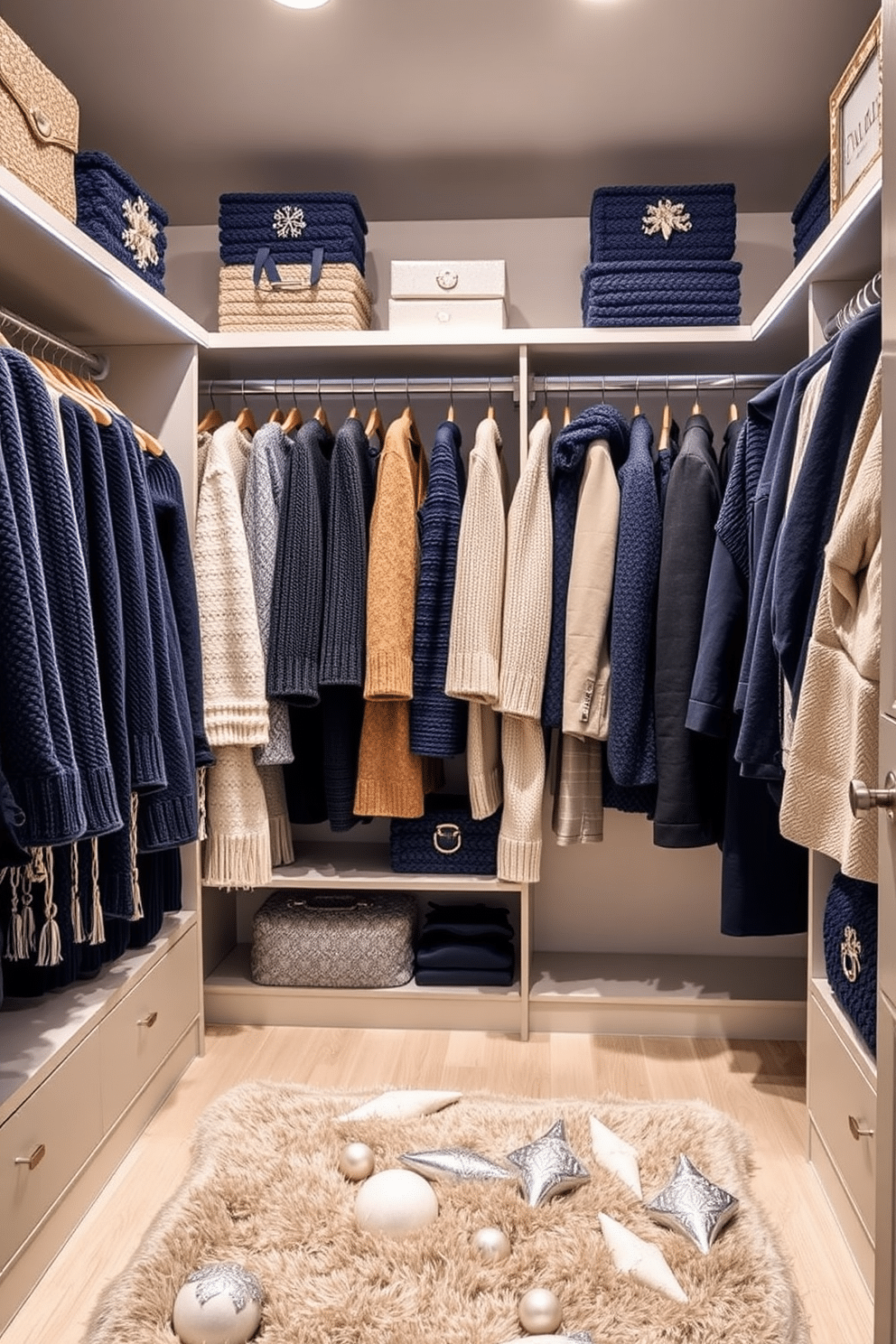 A winter closet decorated with a seasonal color scheme featuring rich deep blues and crisp whites. The shelves are lined with cozy knit sweaters and elegant winter coats, accented by silver and gold decorative elements. Soft white lighting illuminates the space, highlighting the textures of the fabrics. A plush area rug in a neutral tone adds warmth and comfort to the closet environment.