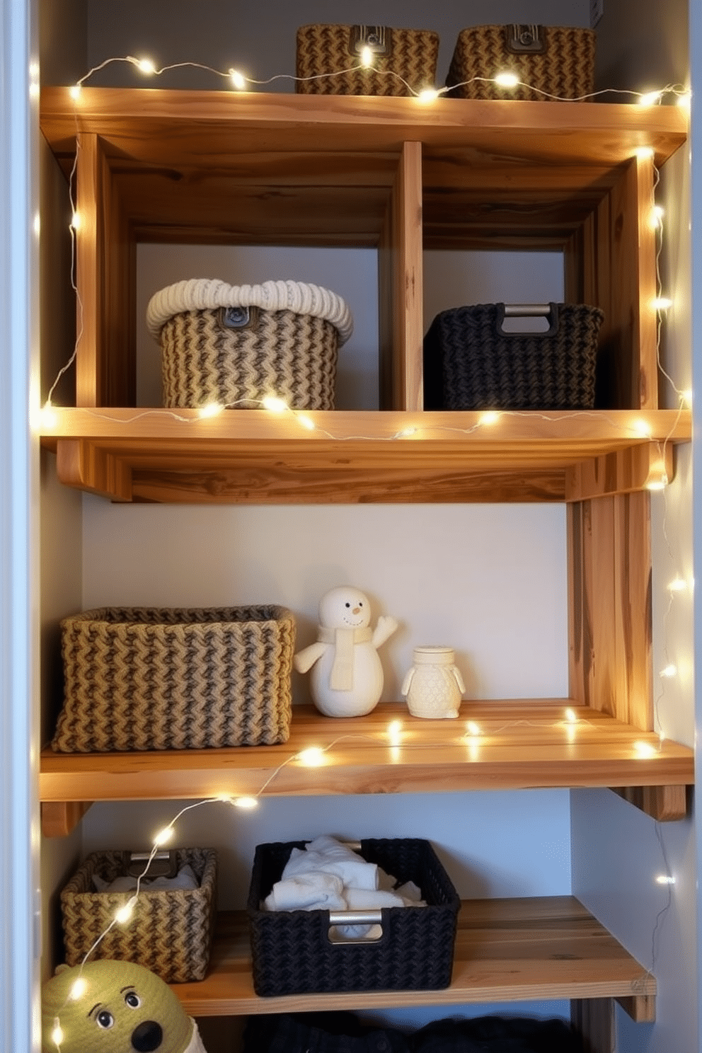 Functional shelving for organization in a winter closet. The shelves are made of reclaimed wood and are arranged in a staggered pattern to maximize space. Cozy winter-themed decor is added, including knitted storage baskets and a small decorative snowman. Soft white LED string lights are draped along the shelves to create a warm ambiance.