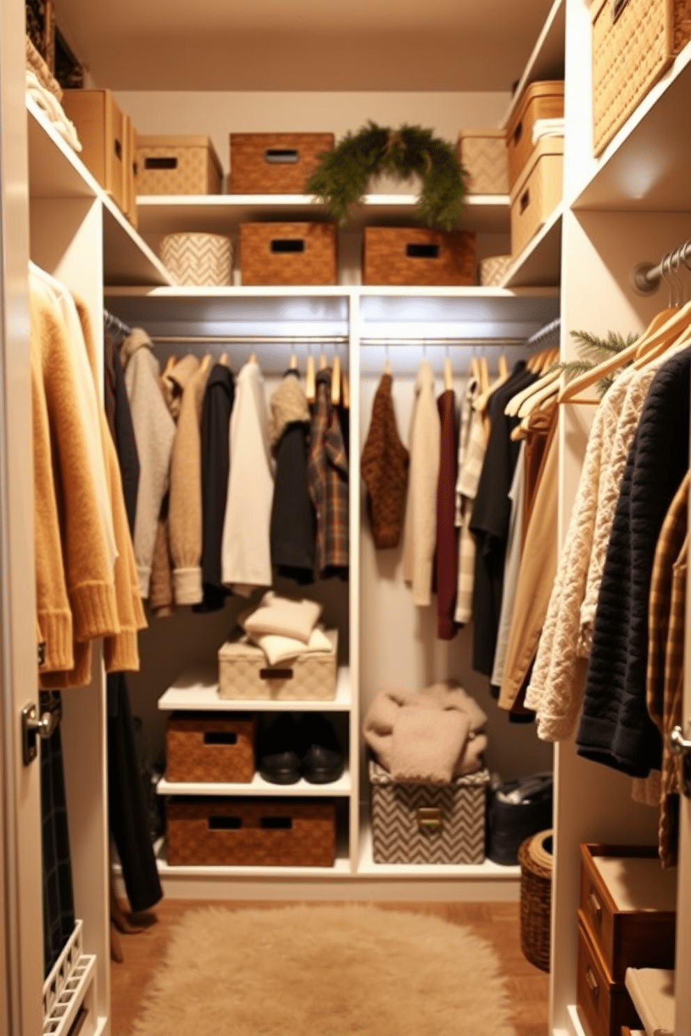 Create a cozy winter closet that showcases personalized touches for unique flair. Incorporate warm lighting and soft textures to enhance the inviting atmosphere. Use a mix of decorative storage boxes and stylish hangers to organize winter clothing and accessories. Add seasonal decor elements like small evergreen branches or holiday-themed ornaments for a festive touch.