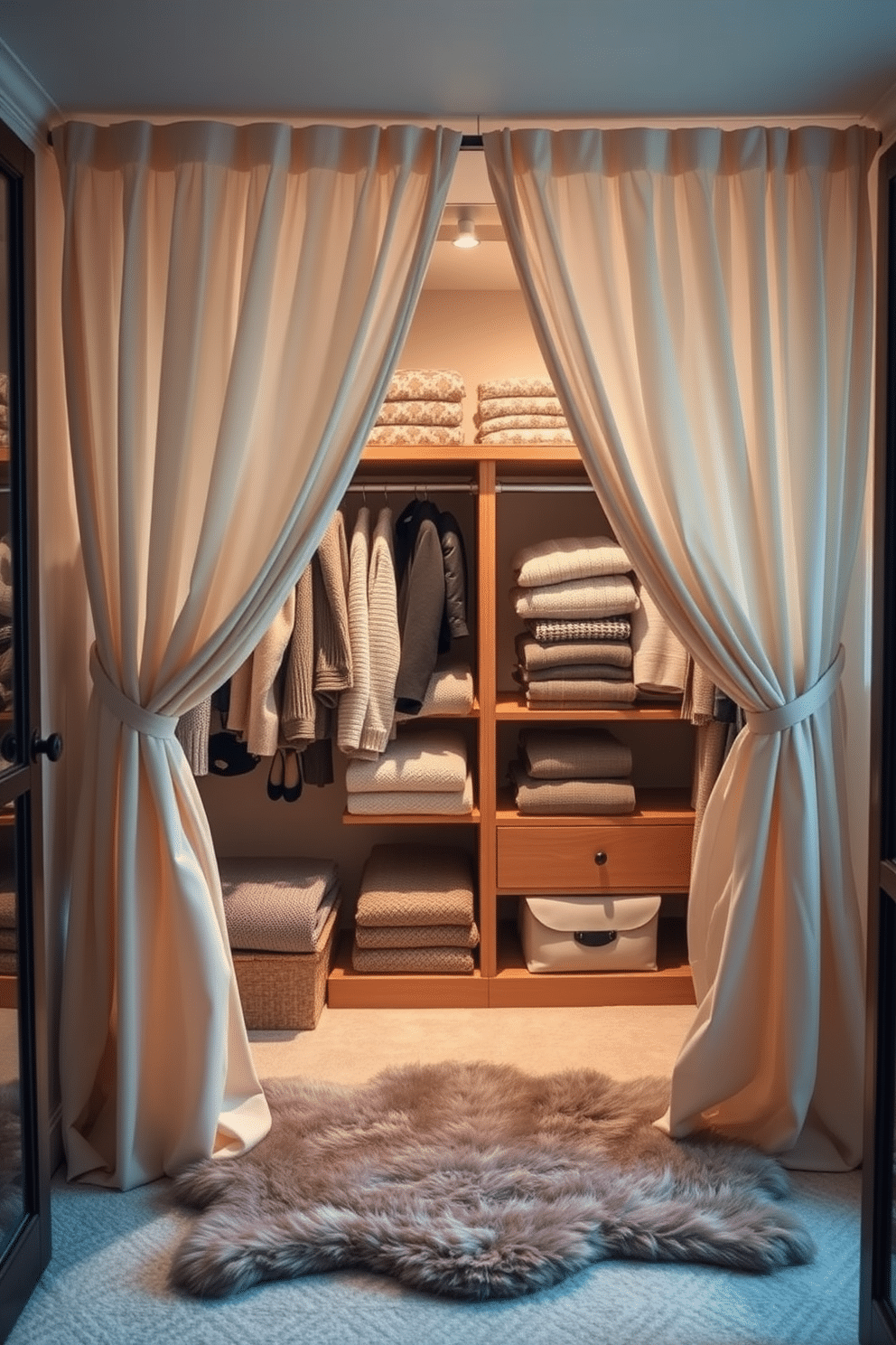 A cozy winter closet adorned with soft curtains that gently frame the space. The curtains are in a warm beige fabric, adding a touch of elegance while allowing natural light to filter through. Stylish storage solutions are incorporated, featuring wooden shelves filled with neatly folded sweaters and seasonal accessories. A plush area rug in muted tones lies on the floor, inviting comfort and warmth into the closet.