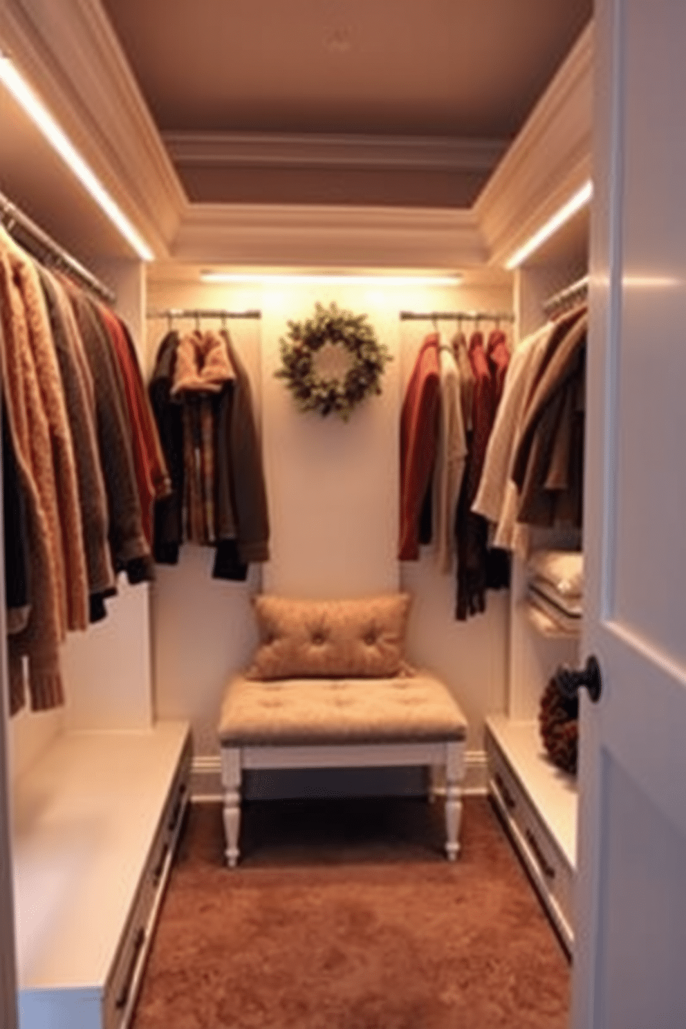 A cozy winter closet that embraces a warm and inviting atmosphere. Soft mood lighting illuminates the space, highlighting plush textiles and seasonal decor. The closet features built-in shelves adorned with neatly folded sweaters and scarves in rich, warm colors. A small decorative bench sits in the center, inviting you to sit and enjoy the serene winter ambiance.