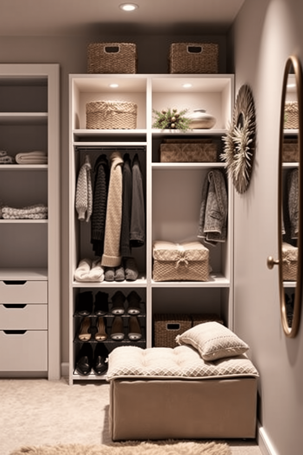 A cozy winter closet featuring compact furniture designed for space efficiency. The closet includes a sleek, multi-tiered shoe rack and a foldable bench that doubles as storage. Soft, warm lighting illuminates the space, highlighting the neatly organized shelves adorned with seasonal decor. Plush, textured baskets hold scarves and gloves, while a stylish mirror enhances the functionality of the area.