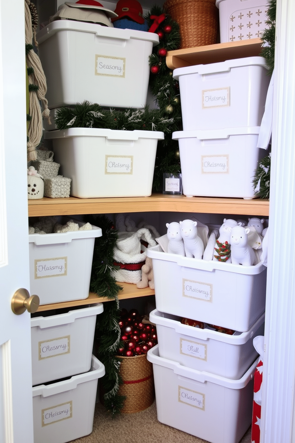 A cozy winter closet decorated with seasonal decor bins neatly organized for easy access. The bins are labeled and filled with festive items like garlands and ornaments, creating a cheerful atmosphere.