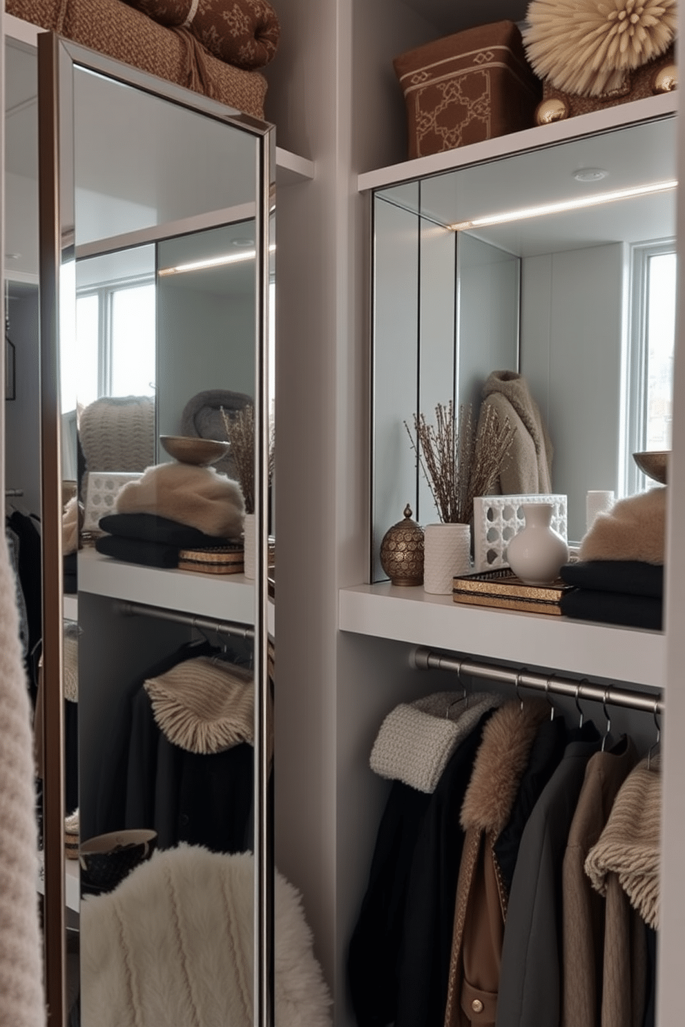 A stylish winter closet featuring functional mirrors that reflect natural light. The space is adorned with cozy textiles and seasonal decor, creating a warm and inviting atmosphere. Soft lighting illuminates the closet, enhancing the reflective surfaces of the mirrors. Shelves are neatly arranged with winter clothing, while decorative accents add a touch of elegance.