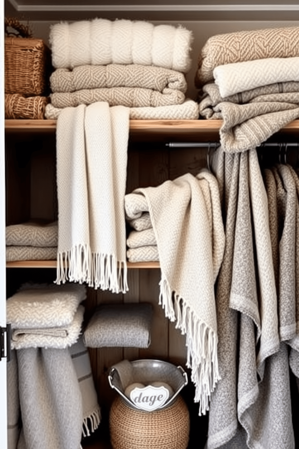 A cozy winter closet filled with stylish woolen throws draped over rustic wooden shelves. The throws come in various shades of cream and gray, adding warmth and texture to the space.