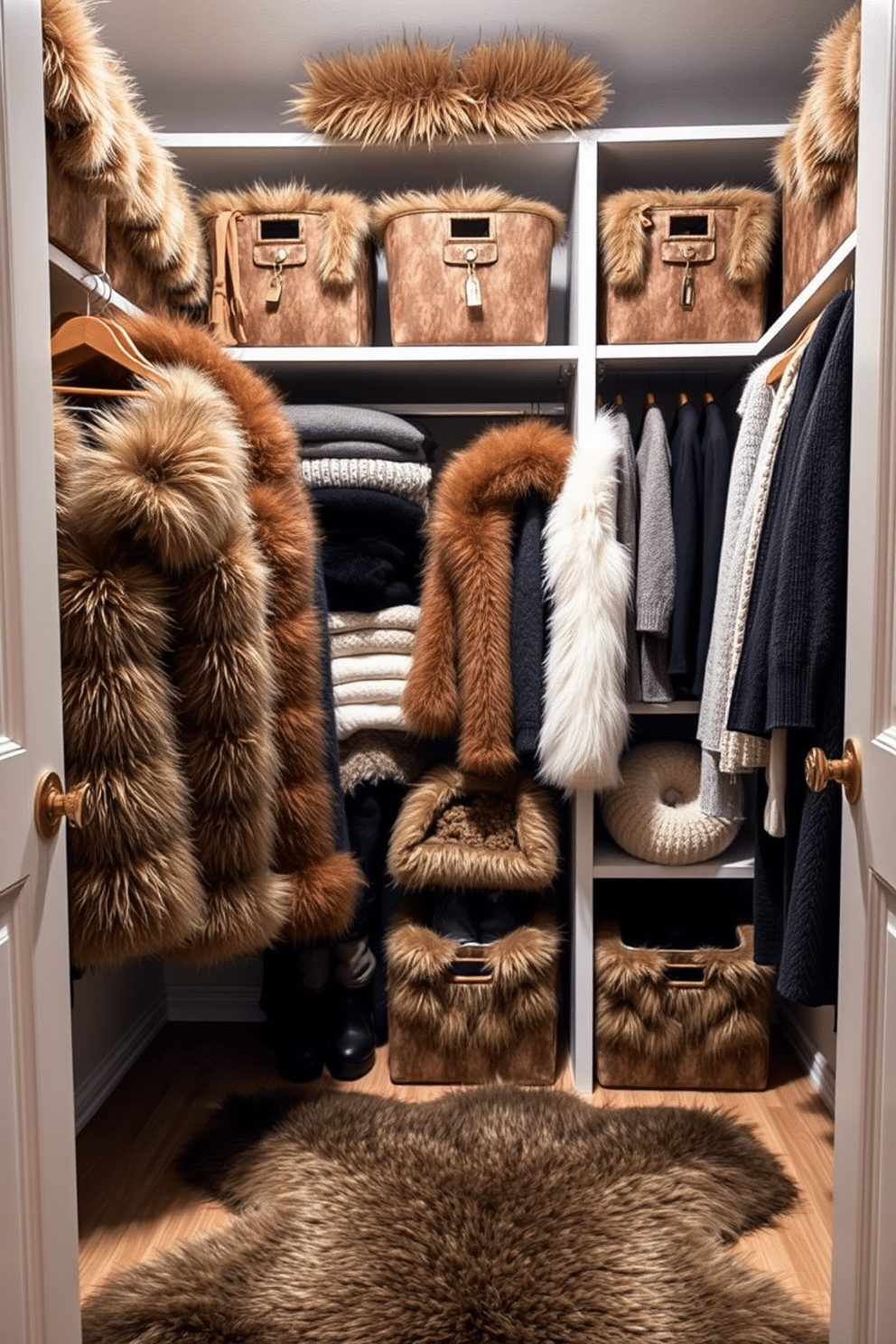 A winter closet decorated with faux fur accents creates a cozy and luxurious atmosphere. Soft faux fur throws are draped over wooden hangers, adding warmth and texture to the space. The shelves are lined with neatly folded sweaters and accessories, complemented by plush faux fur storage bins. A stylish faux fur rug is placed on the floor, inviting comfort and elegance into the closet.