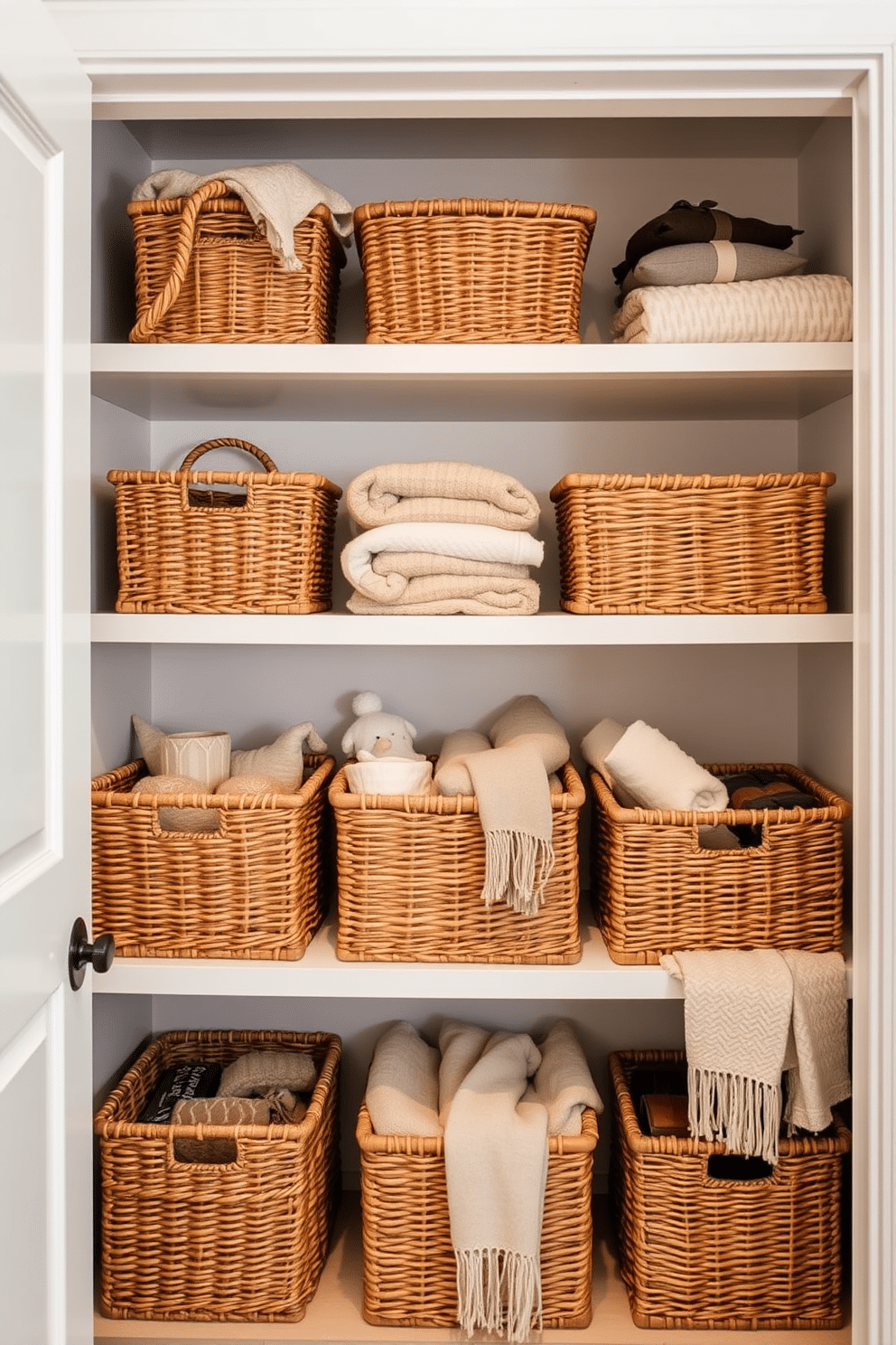 A winter closet adorned with decorative baskets that provide stylish storage solutions. The baskets are woven in natural fibers, arranged neatly on shelves, and filled with cozy blankets and seasonal accessories.