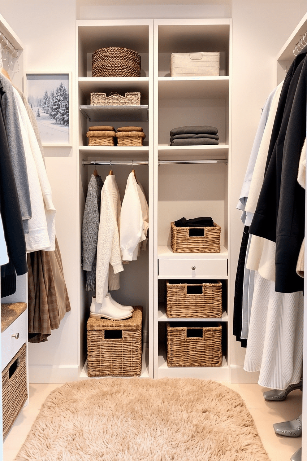 A cozy winter-themed closet featuring walls adorned with beautiful artwork depicting snowy landscapes and frosty trees. The color palette includes soft whites and icy blues, creating a serene atmosphere perfect for the winter season. The closet is organized with stylish storage solutions, including woven baskets and elegant hangers. A plush area rug in a neutral tone adds warmth underfoot, complementing the winter decor.