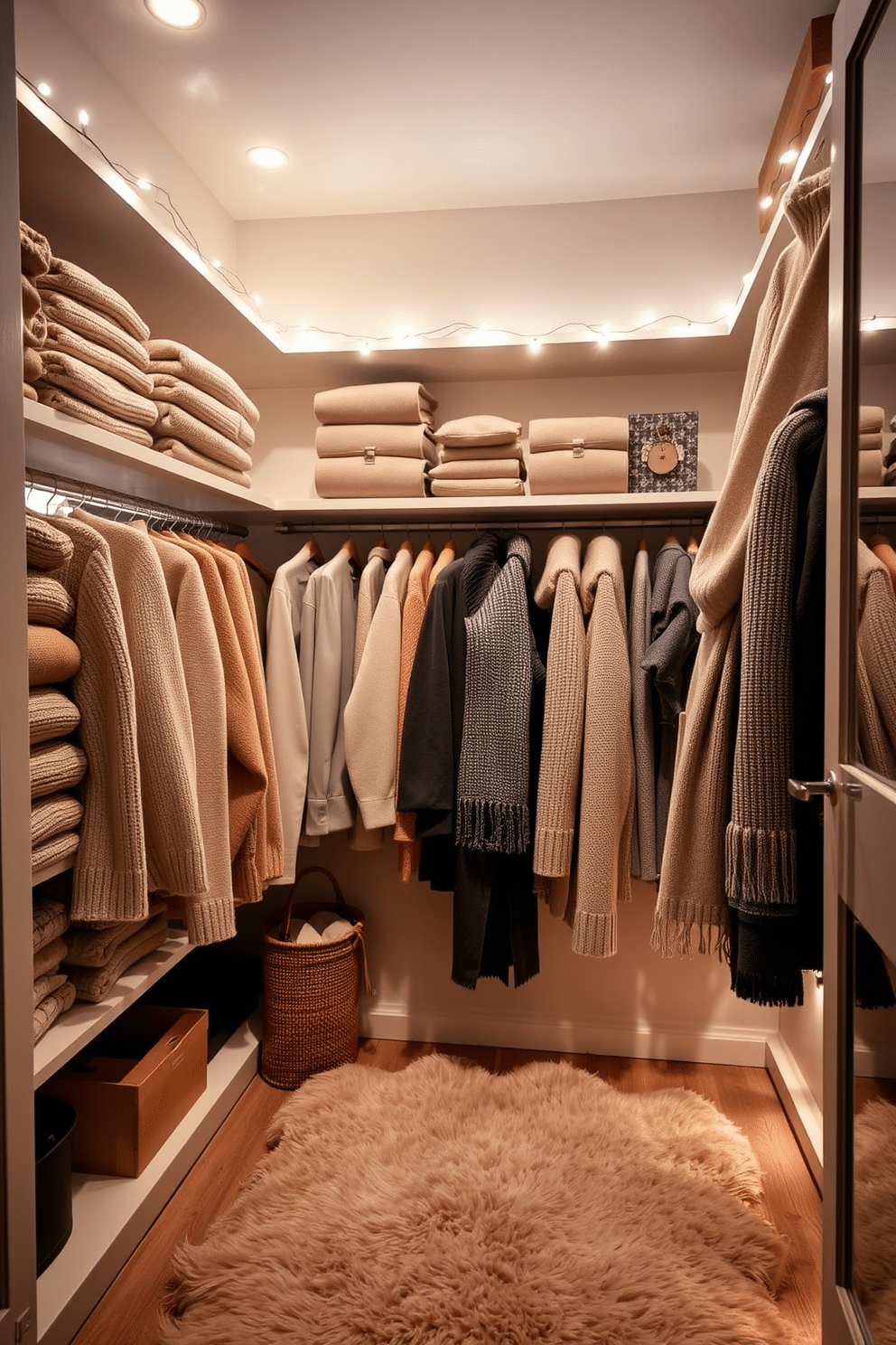 A cozy winter closet filled with soft lighting creating a warm and inviting atmosphere. Shelves are adorned with neatly folded sweaters in neutral tones, and a plush rug is placed on the floor for added comfort. Hanging space is utilized for elegant coats and scarves, with decorative hooks displaying winter accessories. A large mirror reflects the gentle glow of string lights draped along the top shelf, enhancing the overall ambiance.