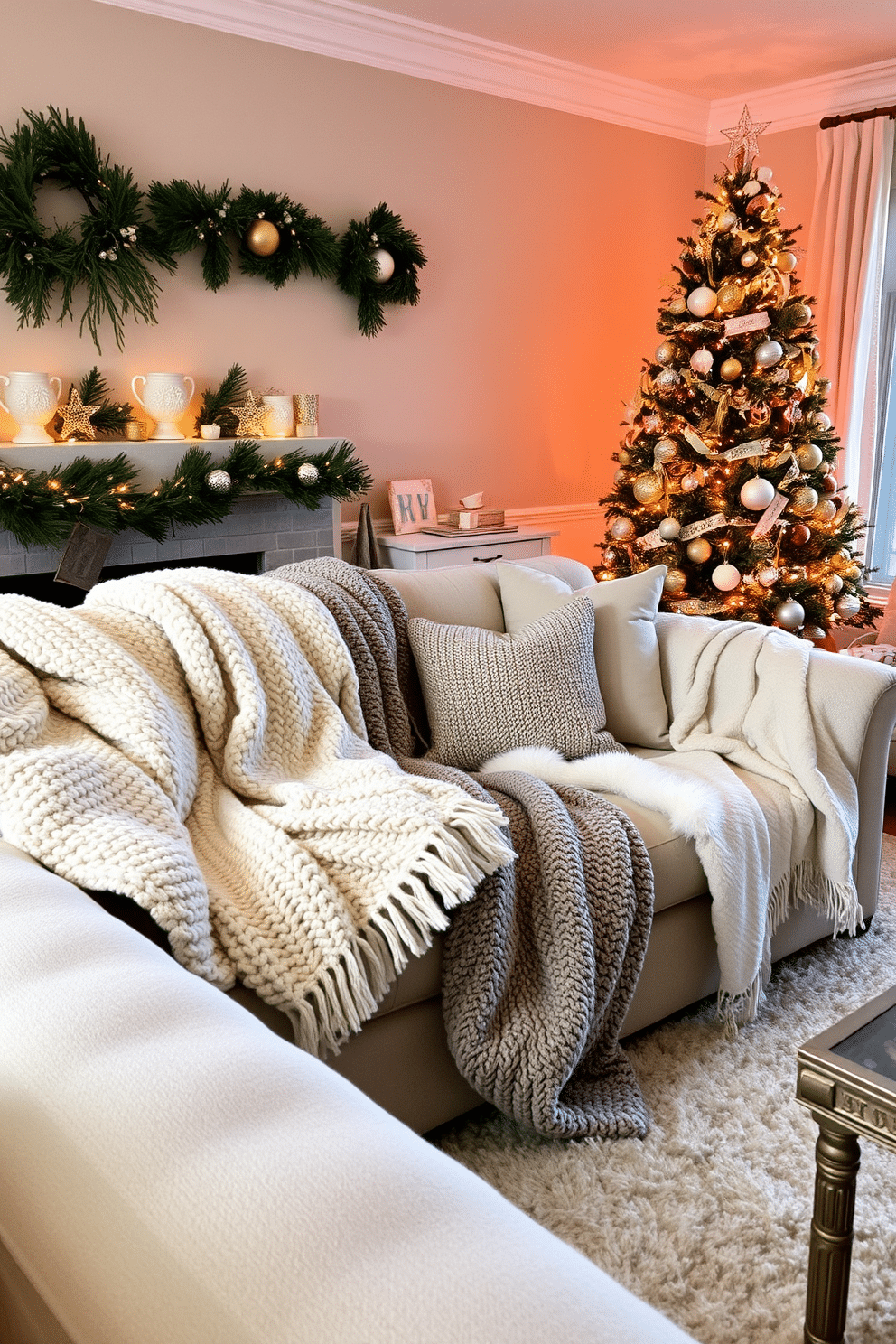 A cozy living room setting featuring a plush sofa adorned with soft, textured blankets in various shades of cream and gray. The room is enhanced by warm ambient lighting, with a beautifully decorated Christmas tree in the corner and festive ornaments scattered throughout the space.