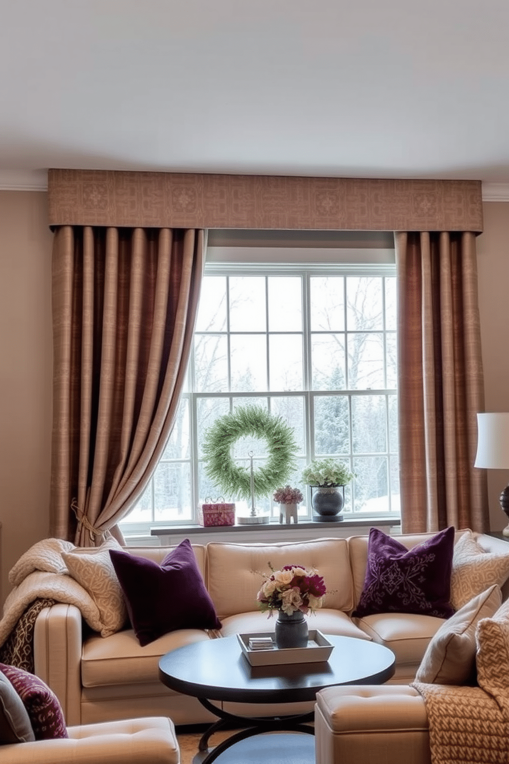 Textured curtains drape elegantly over large windows, adding warmth and a touch of sophistication to the room. The rich fabric features a subtle pattern that complements the winter-themed decor, creating a cozy atmosphere. Incorporate soft, layered textiles throughout the space, such as plush throw blankets and decorative pillows. A neutral color palette accented with deep jewel tones enhances the inviting feel, perfect for winter decorating ideas.