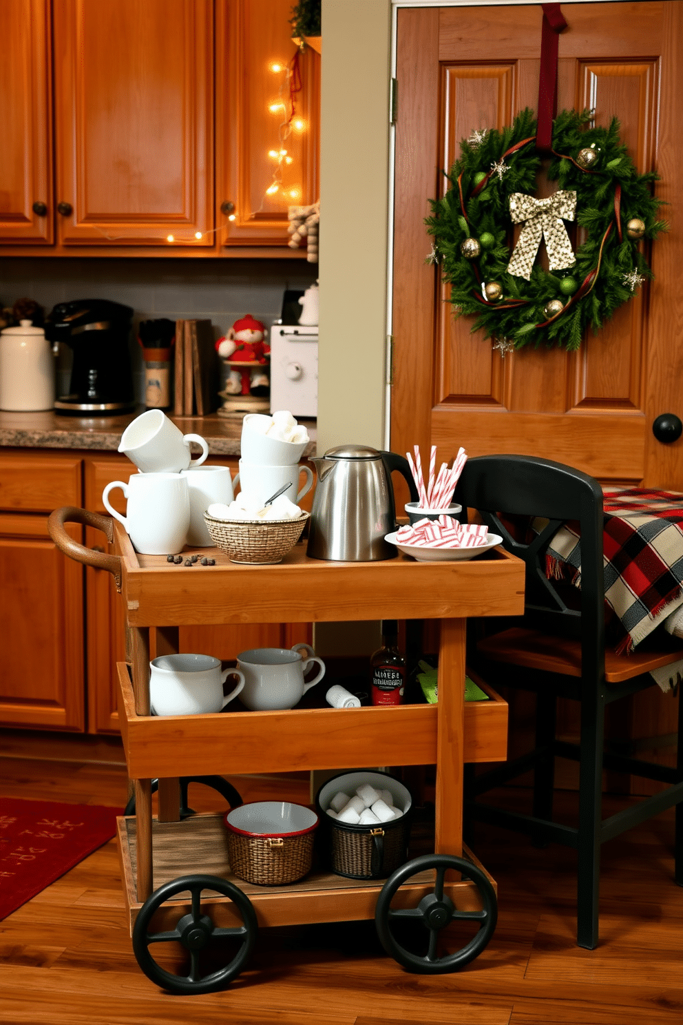 A cozy hot cocoa station in the kitchen features a rustic wooden cart adorned with various mugs and toppings. A small electric kettle sits on the cart next to a decorative bowl filled with marshmallows and peppermint sticks. The surrounding kitchen is decorated with winter-themed accents, including a warm plaid tablecloth and twinkling fairy lights. A festive wreath hangs on the cabinet door, adding a touch of holiday cheer to the space.