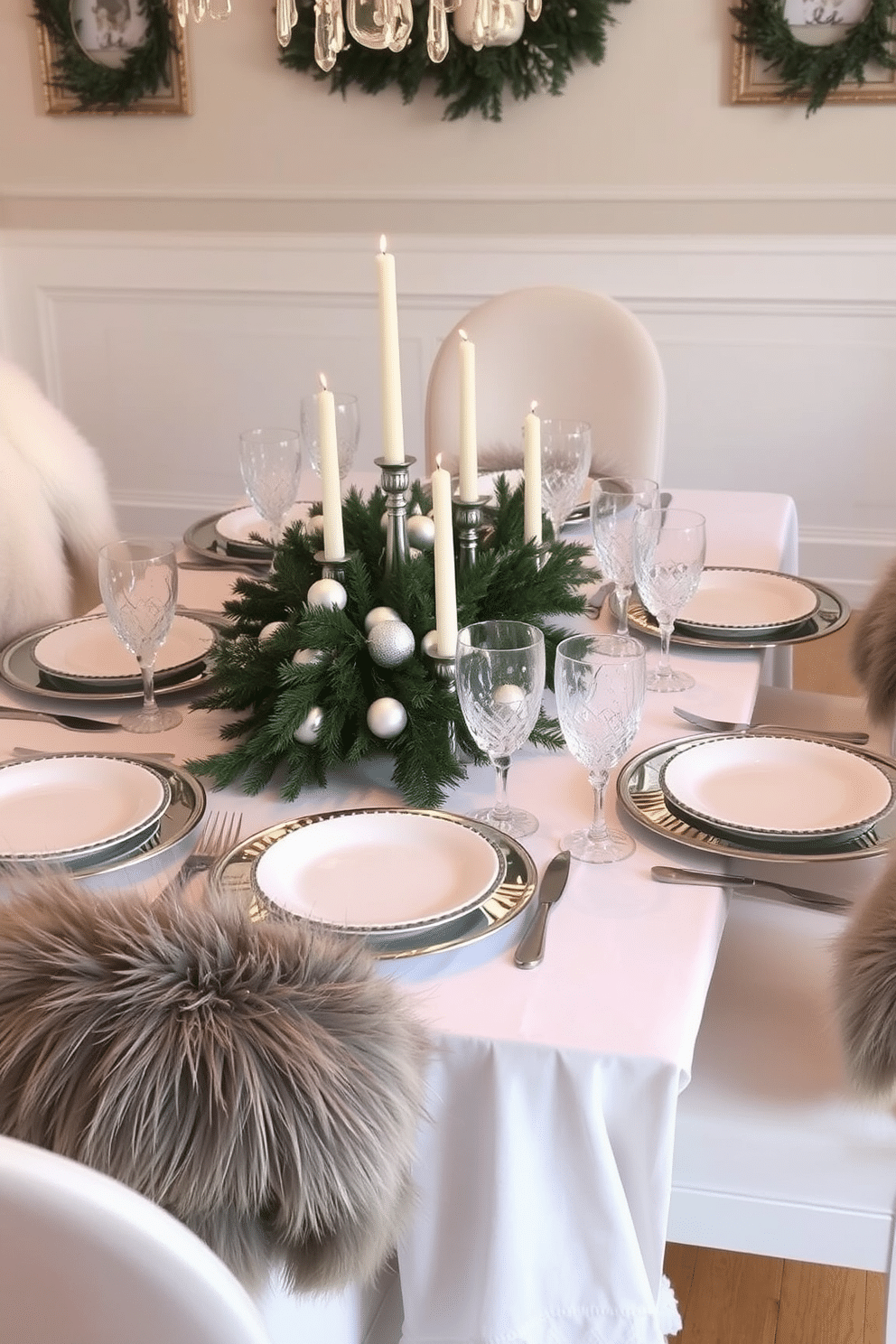 A winter-themed dining table setting adorned with a crisp white tablecloth and silver accents. Centered on the table is a beautiful arrangement of evergreen branches and white candles, creating a warm and inviting atmosphere. The place settings feature elegant white dinnerware with silver rimmed edges, complemented by sparkling crystal glassware. Each chair is draped with a soft faux fur throw, adding a cozy touch to the winter decor.