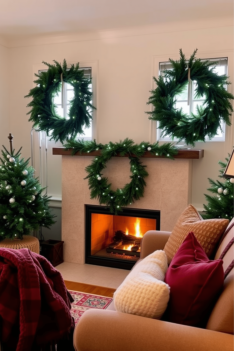 A cozy living room adorned with wreaths made of lush evergreen branches. The wreaths hang elegantly on the windows, complementing the warm glow of the fireplace. Soft white lights twinkle within the greenery, creating a festive ambiance. Plush throw blankets and seasonal pillows in rich colors add warmth and comfort to the space.