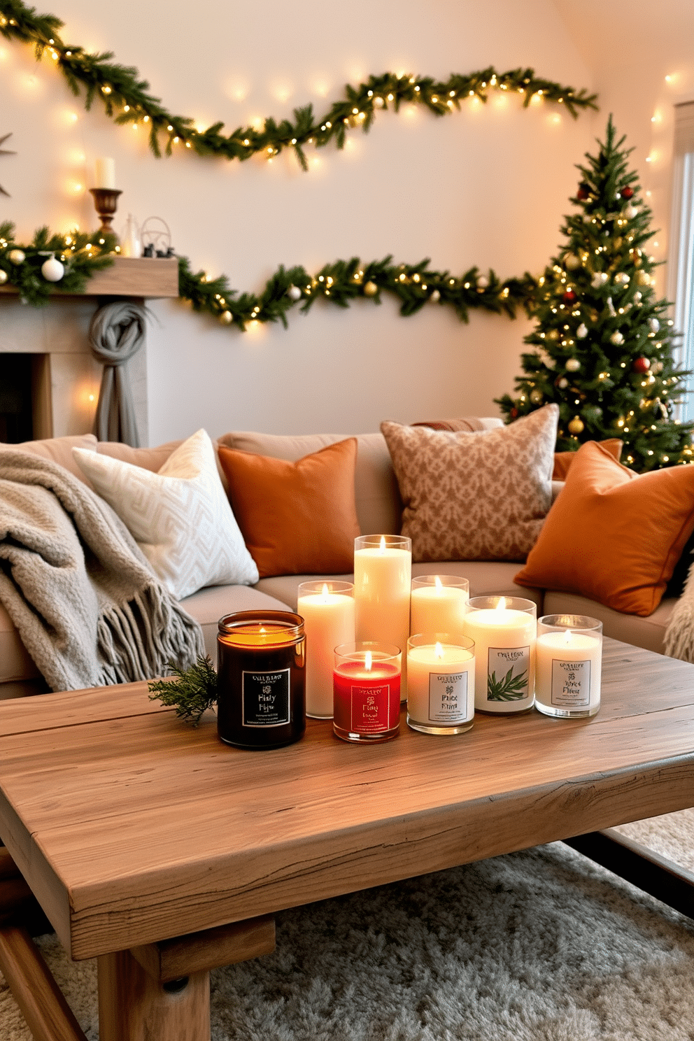 A cozy winter living room setting adorned with scented candles in various sizes, each featuring seasonal fragrances like pine and cinnamon. The candles are arranged on a rustic wooden coffee table surrounded by plush blankets and decorative pillows in warm tones. The walls are decorated with festive garlands and twinkling fairy lights, creating a warm and inviting ambiance. A beautifully decorated evergreen tree stands in the corner, completing the seasonal decor.