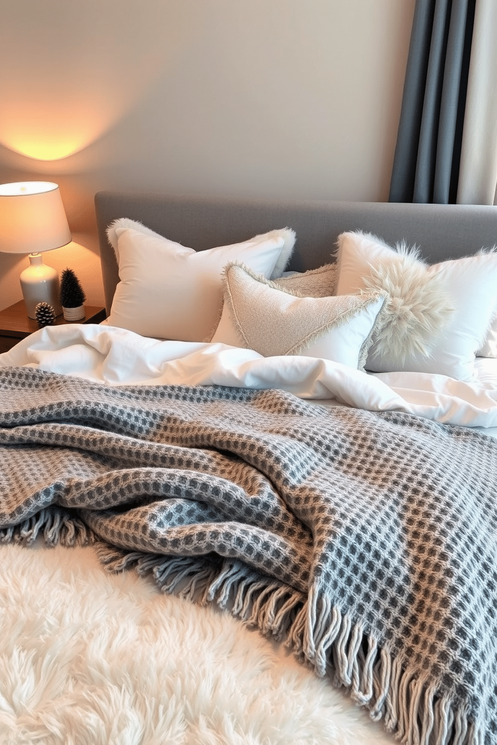 A cozy bedroom setting featuring a plush bed adorned with layered blankets in varying textures and shades of white and gray. Soft, ambient lighting from bedside lamps creates a warm atmosphere, while winter-themed decor, such as pinecone accents and a small evergreen tree, adds a seasonal touch.