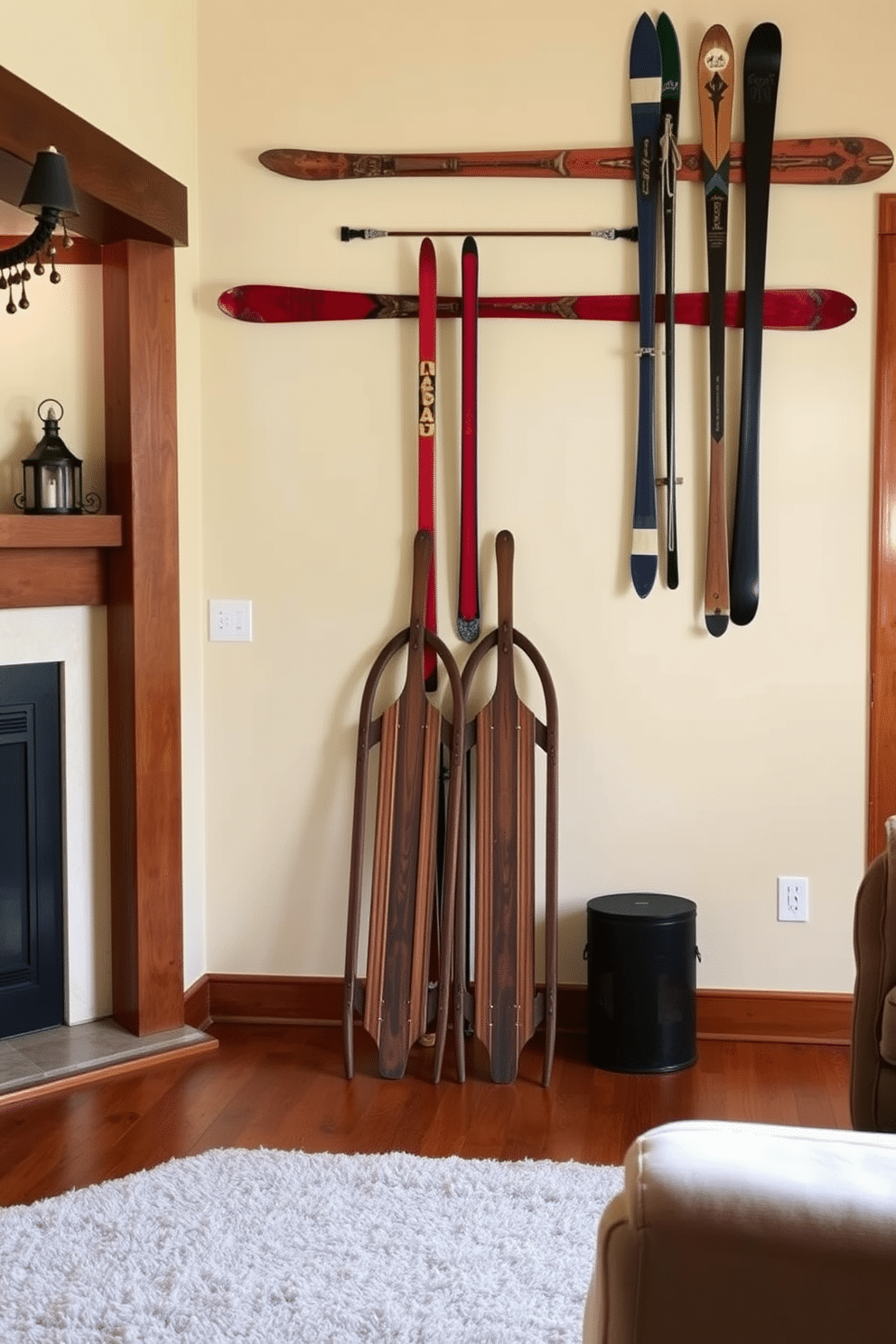 A cozy living room adorned with vintage sleds and skis as decor. The walls are painted in a warm cream color, and the wooden floor is covered with a soft, textured area rug. A pair of antique wooden sleds are propped against the wall, adding a rustic charm. Above the sleds, a collection of vintage skis is mounted, showcasing their colorful designs and history.