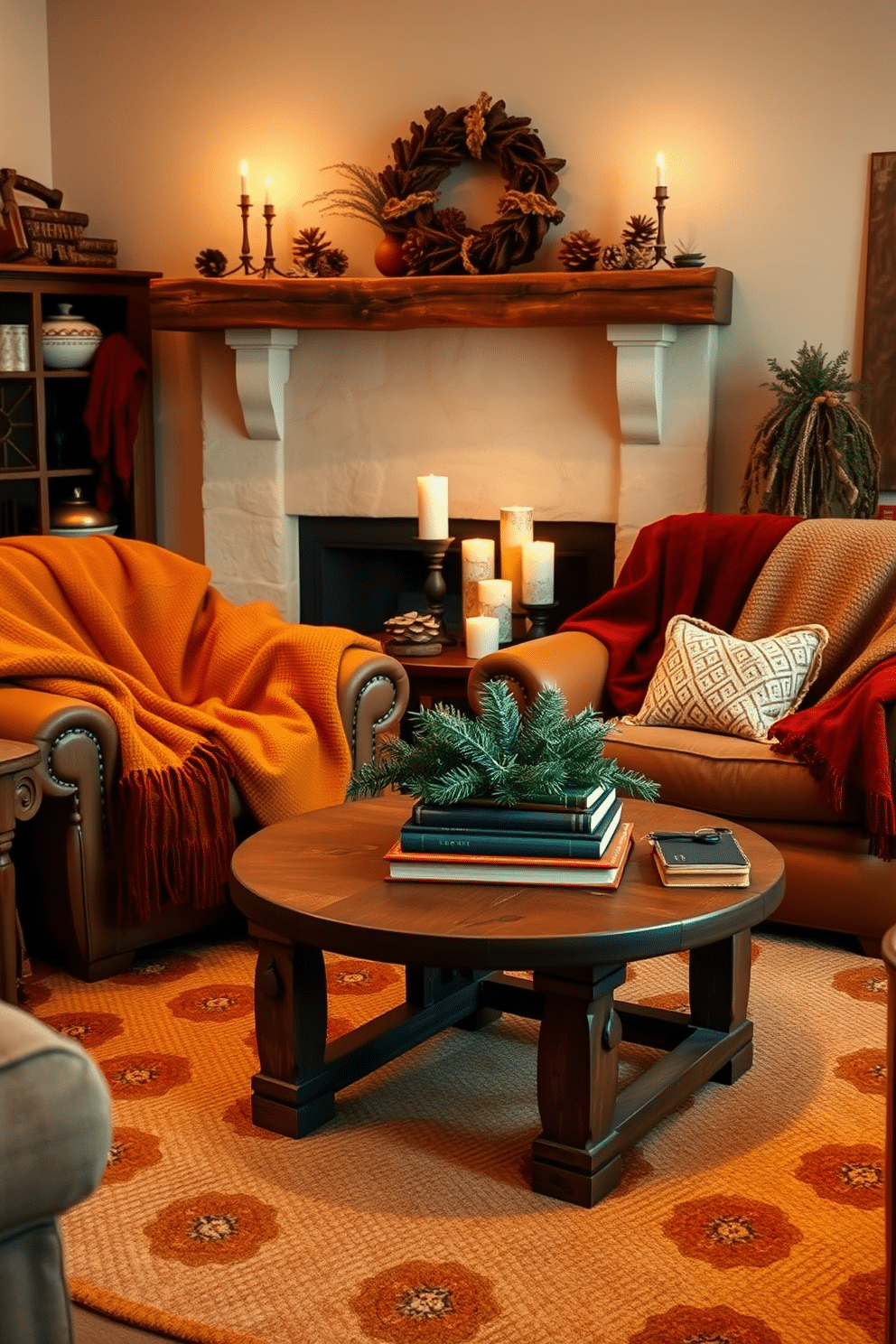 A cozy living room adorned with warm-toned throw blankets draped over plush armchairs. The space features soft, ambient lighting that enhances the inviting atmosphere, complemented by seasonal decor elements like pinecones and candles. Rich, textured fabrics in shades of rust, gold, and deep red create a layered and inviting look. A rustic coffee table sits in the center, adorned with a stack of books and a small arrangement of evergreen branches for a touch of winter charm.