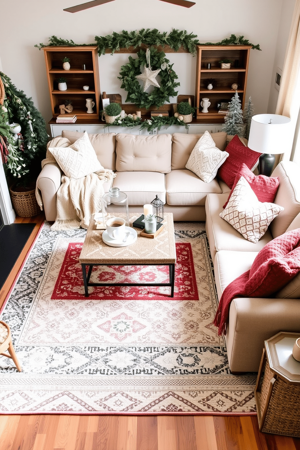 A cozy living room adorned with layered rugs creates a warm and inviting atmosphere. The base rug is a large neutral tone, while a smaller, patterned rug sits on top, adding depth and visual interest. Incorporate winter-themed decor elements to enhance the seasonal ambiance. Soft throw blankets and plush pillows in rich colors complement the layered rugs, providing both comfort and style.