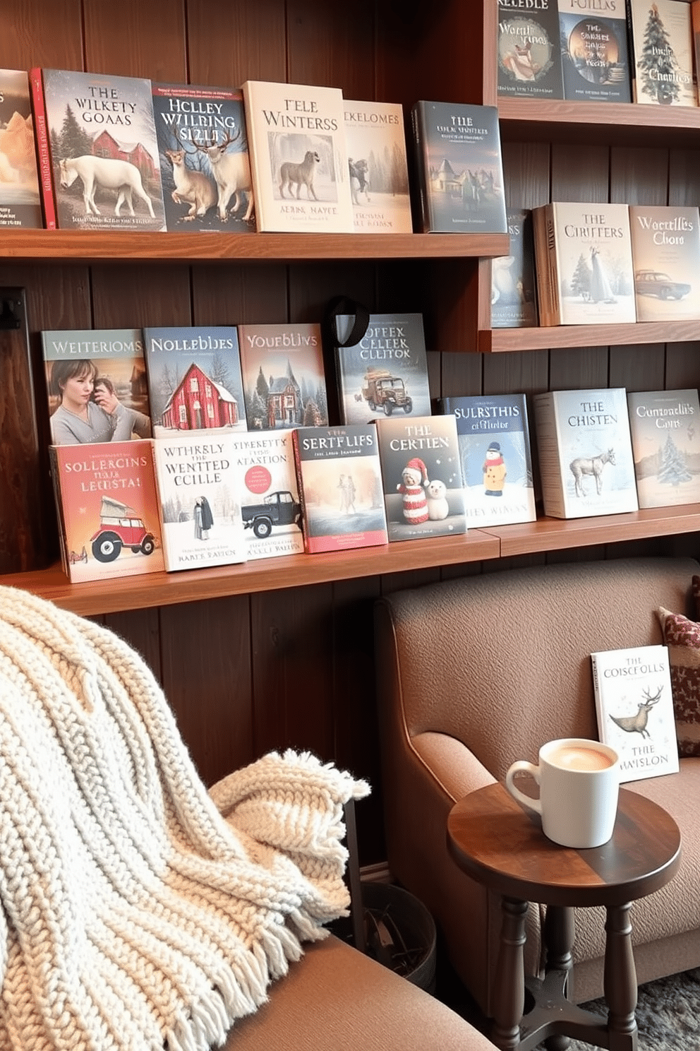 A cozy reading nook adorned with seasonal books displayed on wooden shelves. The shelves are filled with an array of winter-themed books, featuring covers in warm tones and festive designs. Soft, textured throw blankets are draped over a plush armchair beside the shelves. A small side table holds a steaming mug of cocoa, inviting relaxation and comfort during the chilly winter months.