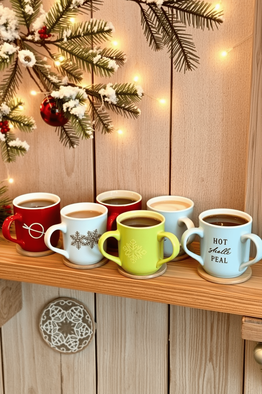 Charming mugs for hot drinks are arranged on a rustic wooden shelf, showcasing a variety of colors and patterns. The backdrop features a cozy winter scene with pine branches and twinkling fairy lights, creating a warm and inviting atmosphere. Each mug is filled with steaming beverages, adding a touch of comfort to the display. A few handmade coasters are placed beneath the mugs, enhancing the charm of the winter decorating ideas.