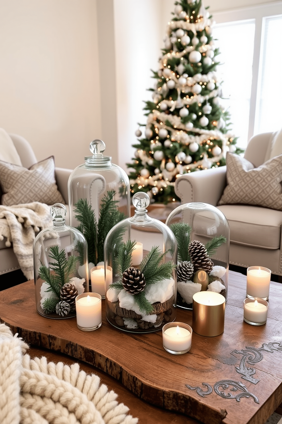 Create a cozy living room featuring glass terrariums filled with winter elements such as pinecones, evergreen branches, and white faux snow. The terrariums are arranged on a rustic wooden coffee table, surrounded by soft, warm blankets and candles that emit a gentle glow. In the background, a beautifully decorated Christmas tree stands adorned with twinkling lights and silver ornaments. The walls are painted in a soft cream color, and plush armchairs invite relaxation, completing the serene winter atmosphere.